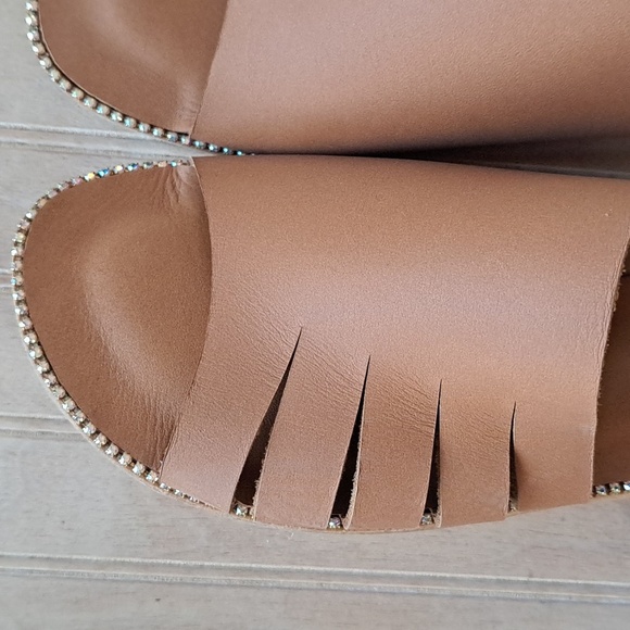 Antika Handmade Leather Cut Out Slide Rhinestone Trim Slip-On Flats Sandals - Picture 2 of 13